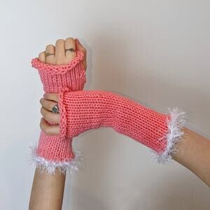 Pink White Coquette  Fuzzy Knitted Handmade Fingerless Gloves